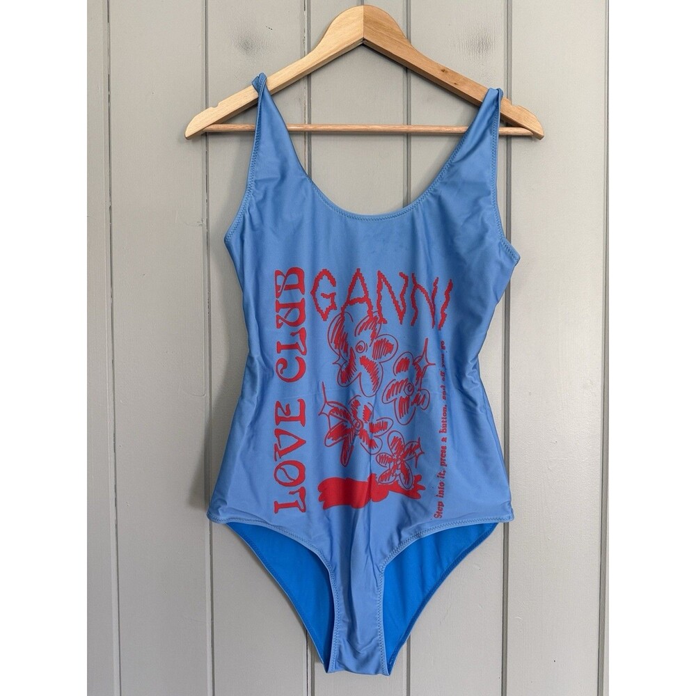 NWT Ganni One-Piece Swimsuit 38 M Medium Blue Love Club Graphic NEW